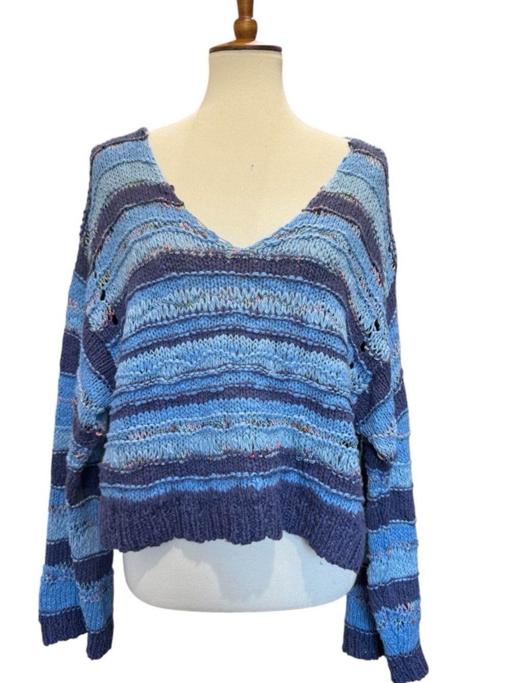 Free People Blue Striped V-Neck Sweater #269